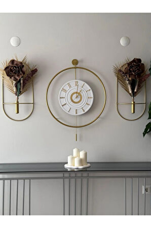 Yeni (Gold 3'lü Set) 12-24h-XXL Timelles(60X80CM)-( Saat Ve Çiçeklik )-Metal (Mobilya)Duvar Saati