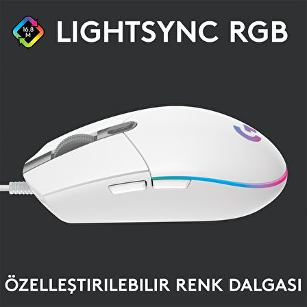 LOGITECH G G102 LIGHTSYNC RGB AYDINLATMALI 8.000 DPI KABLOLU OYUNCU MOUSE BEYAZ 910-005824