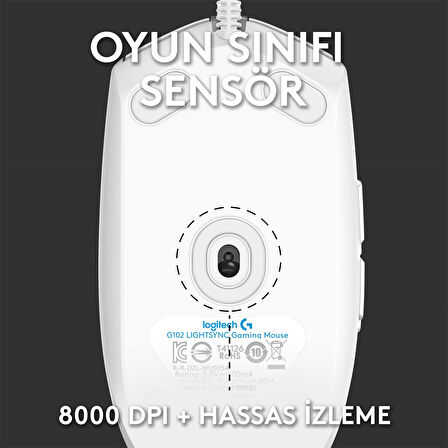 LOGITECH G G102 LIGHTSYNC RGB AYDINLATMALI 8.000 DPI KABLOLU OYUNCU MOUSE BEYAZ 910-005824