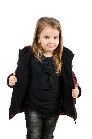 Spor Kız ÇocukPolarlı Kürklü Kapüşonlu Su Geçirmez Rüzgara Dayanıklı Şişme Mont