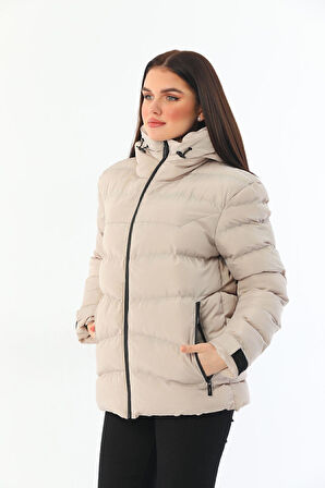 Spor Kadın Polarlı Kürklü Kapüşonlu Su Geçirmez Rüzgara Dayanıklı Şişme Mont Parka