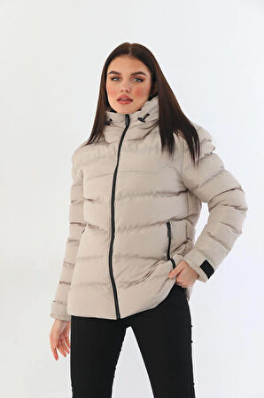 Spor Kadın Polarlı Kürklü Kapüşonlu Su Geçirmez Rüzgara Dayanıklı Şişme Mont Parka