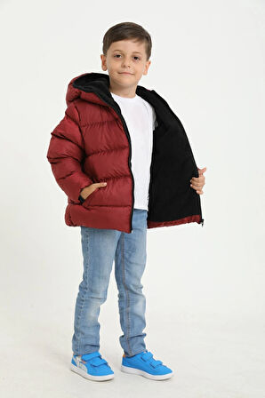 Spor Erkek ÇocukPolarlı Kürklü Kapüşonlu Su Geçirmez Rüzgara Dayanıklı Şişme Mont