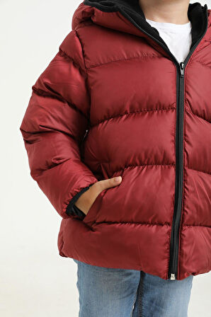 Spor Erkek ÇocukPolarlı Kürklü Kapüşonlu Su Geçirmez Rüzgara Dayanıklı Şişme Mont