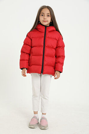 Spor Kız Çocuk Polarlı Kürklü Kapüşonlu Su Geçirmez Rüzgara Dayanıklı Şişme Mont