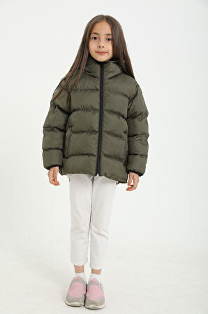 Spor Kız Çocuk Polarlı Kürklü Kapüşonlu Su Geçirmez Rüzgara Dayanıklı Şişme Mont