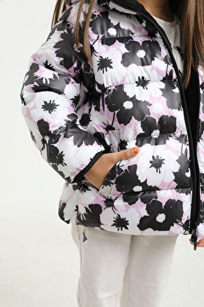 Spor Kız ÇocukÇiçek Desen Polar Su Ve Rüzgar Geçirmez Kapüşonlu Şişme Mont