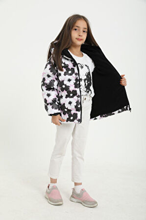 Spor Kız ÇocukÇiçek Desen Polar Su Ve Rüzgar Geçirmez Kapüşonlu Şişme Mont