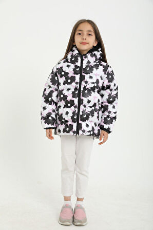 Spor Kız ÇocukÇiçek Desen Polar Su Ve Rüzgar Geçirmez Kapüşonlu Şişme Mont