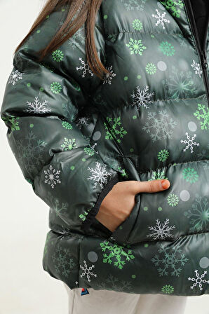 Spor Kız ÇocukÇiçek Desen Polar Su Ve Rüzgar Geçirmez Kapüşonlu Şişme Mont