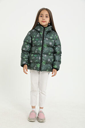 Spor Kız ÇocukÇiçek Desen Polar Su Ve Rüzgar Geçirmez Kapüşonlu Şişme Mont