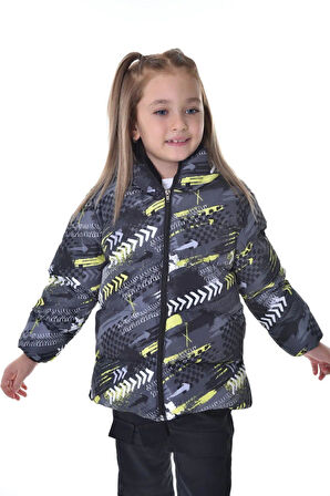 Spor Kız ÇocukDijital Desen Polar Su Ve Rüzgar Geçirmez Kapüşonlu Şişme Mont