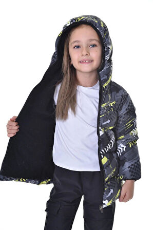 Spor Kız ÇocukDijital Desen Polar Su Ve Rüzgar Geçirmez Kapüşonlu Şişme Mont
