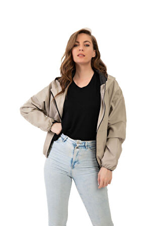 Spor Kadın Su Yeşili Kapüşonlu Su Ve Rüzgar Geçirmez Oversize Yağmurluk - Rüzgarlık
