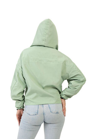 Spor Kadın Su Yeşili Kapüşonlu Su Ve Rüzgar Geçirmez Oversize Yağmurluk - Rüzgarlık