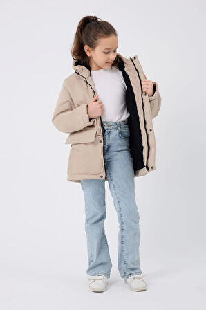 Spor Kız Çocuk Taba Kürklü Su Ve Rüzgar Geçirmez Kapüşonlu 3 Mont Parka