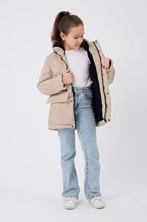 Spor Kız Çocuk Taba Kürklü Su Ve Rüzgar Geçirmez Kapüşonlu 3 Mont Parka