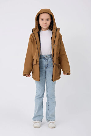 Spor Kız Çocuk Taba Kürklü Su Ve Rüzgar Geçirmez Kapüşonlu 3 Mont Parka