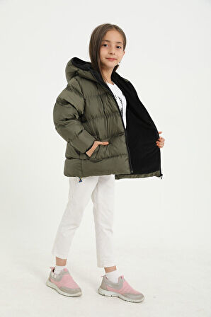 Spor Kız Çocuk Polarlı Kürklü Kapüşonlu Su Geçirmez Rüzgara Dayanıklı Şişme Mont