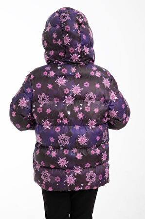Spor Kız ÇocukÇiçek Desen Polar Su Ve Rüzgar Geçirmez Kapüşonlu Şişme Mont