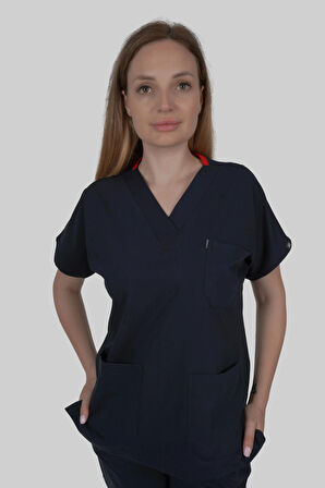 LACİVERT V YAKA HEMŞİRE DOKTOR FORMA TAKIMI , LİKRALI SCRUBS