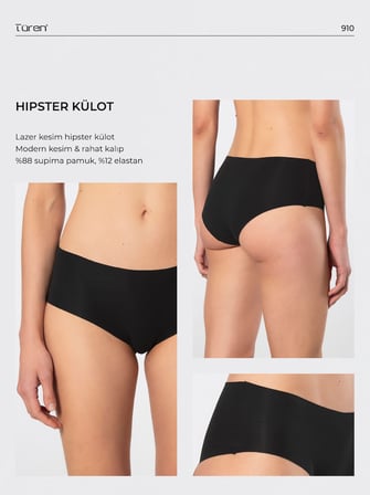 Türen Kadin Lazer Kesim Pamuklu Hipster Külot 910/Siyah