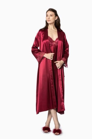 Pierre Cardin Bordo Uzun Saten Sabahlık Gecelik Set 4370