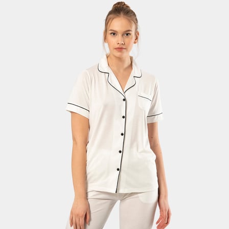 Kadin Düz Kisa Kollu Gömlek Yaka Pijama Takimi 3368/Ekru