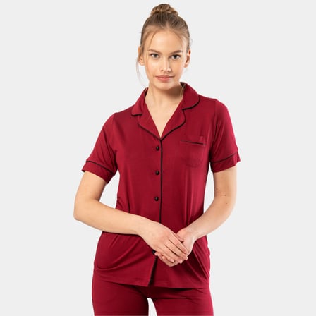 Kadin Düz Kisa Kollu Gömlek Yaka Pijama Takimi 3368/Bordo