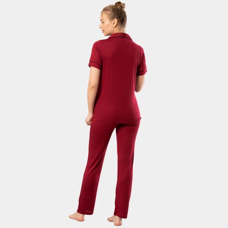 Kadin Düz Kisa Kollu Gömlek Yaka Pijama Takimi 3368/Bordo
