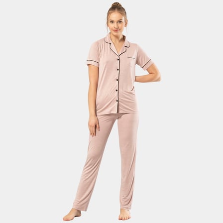Kadin Düz Kisa Kollu Gömlek Yaka Pijama Takimi 3368/Pudra