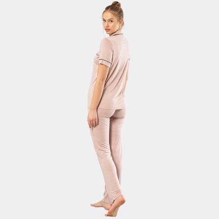 Kadin Düz Kisa Kollu Gömlek Yaka Pijama Takimi 3368/Pudra