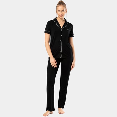 Kadin Düz Kisa Kollu Gömlek Yaka Pijama Takimi 3368/Siyah