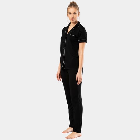 Kadin Düz Kisa Kollu Gömlek Yaka Pijama Takimi 3368/Siyah