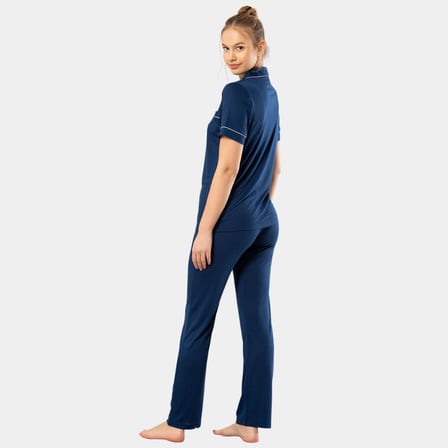Kadin Düz Kisa Kollu Gömlek Yaka Pijama Takimi 3368/Lacivert