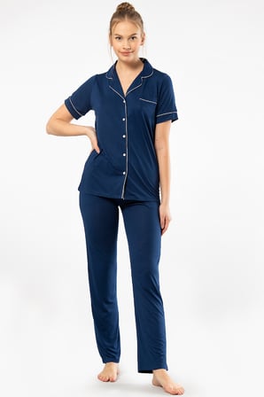 Kadin Düz Kisa Kollu Gömlek Yaka Pijama Takimi 3368/Lacivert