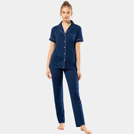 Kadin Düz Kisa Kollu Gömlek Yaka Pijama Takimi 3368/Lacivert