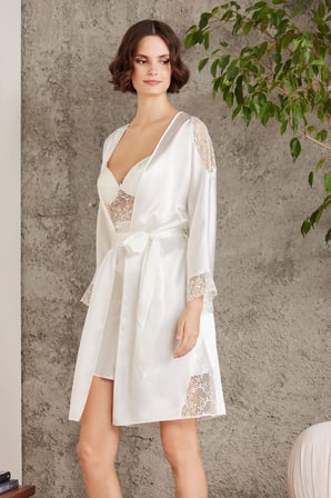 Pierre Cardin Saten Gecelik Sabahlık Pijama Şort 6'lı Gelin Takım 6000 Ekru