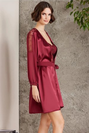 Pierre Cardin Saten Gecelik Sabahlık Pijama Şort 6'lı Gelin Çeyiz Seti Bordo 6005