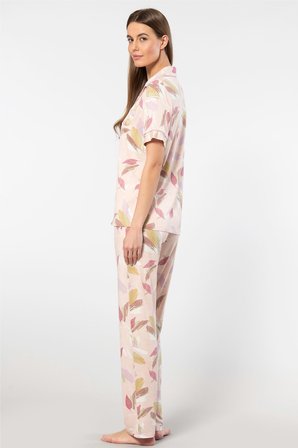 Türen Yaprak Desenli Kisa Kollu Gömlek Yaka Pijama Takimi 3355/Pudra