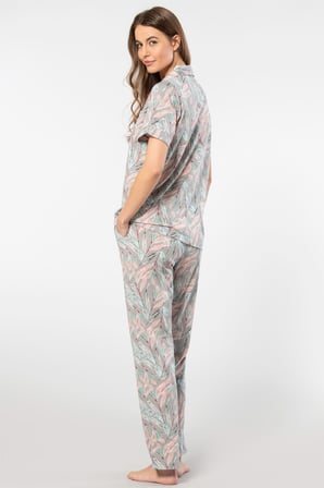 Türen Yaprak Desenli Kisa Kollu Gömlek Yaka Pijama Takimi 3395/Gri