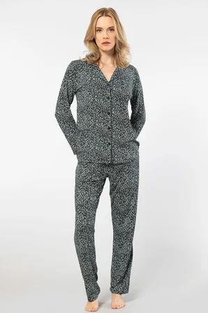 Türen Çiçek Desenli Uzun Kollu Gömlek Yaka Pijama Takimi 3379/Yeşil