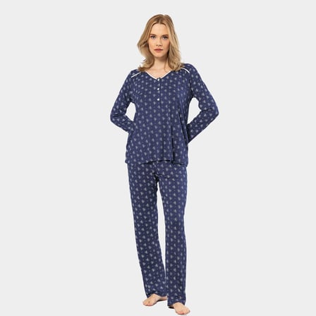 Türen Çiçek Desenli Uzun Kollu Patli Pijama Takimi 3382/Lacivert