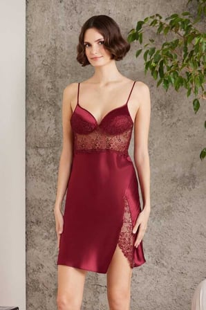 Pierre Cardin Saten Gecelik Sabahlık Pijama Şort Takım 6'lı Gelin Seti 6000 BORDO