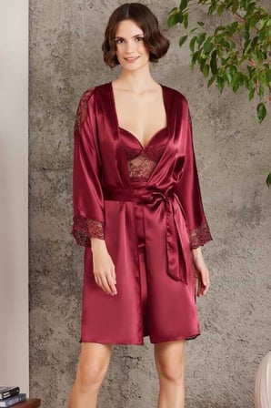 Pierre Cardin Saten Gecelik Sabahlık Pijama Şort Takım 6'lı Gelin Seti 6000 BORDO