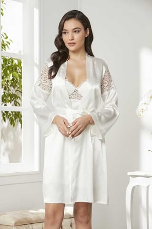 Pierre Cardin 6'lı Saten Gecelik Sabahlık Çeyiz Seti 6955 Ekru