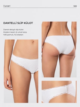 Türen Kadin Likrali Ribana Dantelli Bikini Külot 2'li Paket 928/Beyaz