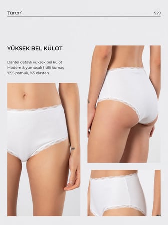 Türen Kadin Likrali Ribana Dantelli Yüksel Bel Külot 2'li Paket 929/Beyaz