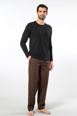 Cacharel Erkek Poplin O Yaka Uzun Kollu Pijama Takimi 2239/Kahve 1