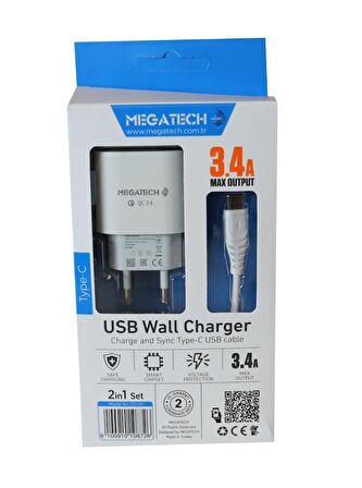 Megatech Cc 03 3.4A Type C Usb Kablo+ Ev Şarj Adaptör Hızlı Şarj / Megatech